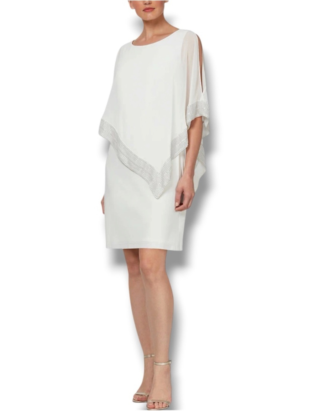 S.L. FASHIONS Foil Trim Asymmetrical Chiffon & Jersey Popover Cape Dress